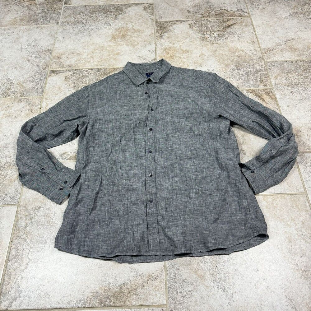 REID & TAYLOR Shirt Mens 44/17.5‎ Gray 100% Linen Long Sleeve Dad